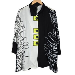 Ali Miles Womens Large Black White Abstract Scribble Button Front Jacket Blouse